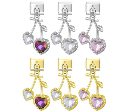Cherry heart CZ dangle Italian charms collection in gold and silver, by Charmtastic