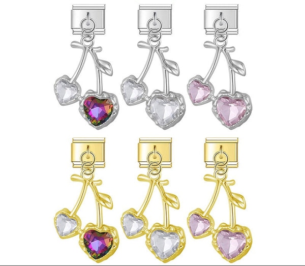 Cherry heart CZ dangle Italian charms collection in gold and silver, by Charmtastic