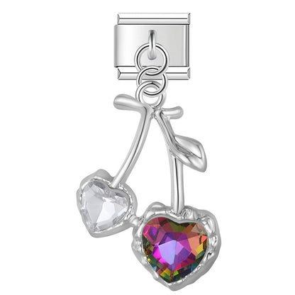 Silver cherry dangle charm with rainbow and clear heart CZ stones — Italian charm, by Charmtastic