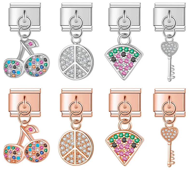 Cherry Watermelon Key Dazzling Charms – cherry, peace sign, watermelon slice, and heart-key cz charms in silver and rose gold, Italian charm bracelet charms by Charmtastic