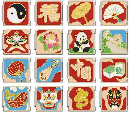 Chinese Heritage & Cultural Symbols Charms Tai Chi Kite – overview of 16 red and gold enamel charms: Yin Yang, Fu fortune character, parasol, folding fan, kite, lotus flower, panda, Great Wall, paper lantern, pipa lute, Xiang character, mahjong tile, koi fish, lion dance mask, dragon and Peking opera mask, Italian charm bracelet charms by Charmtastic