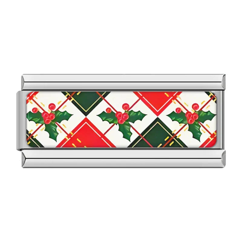 Holly plaid Christmas double Italian charm, by Charmtastic