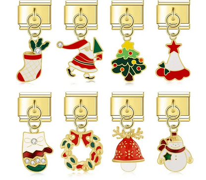 9mm gold Italian charm bracelet link with festive enamel Christmas dangles, including Santa, Snowman, and Wreath for personalized holiday jewelry.