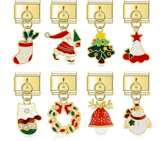 9mm gold Italian charm bracelet link with festive enamel Christmas dangles, including Santa, Snowman, and Wreath for personalized holiday jewelry.