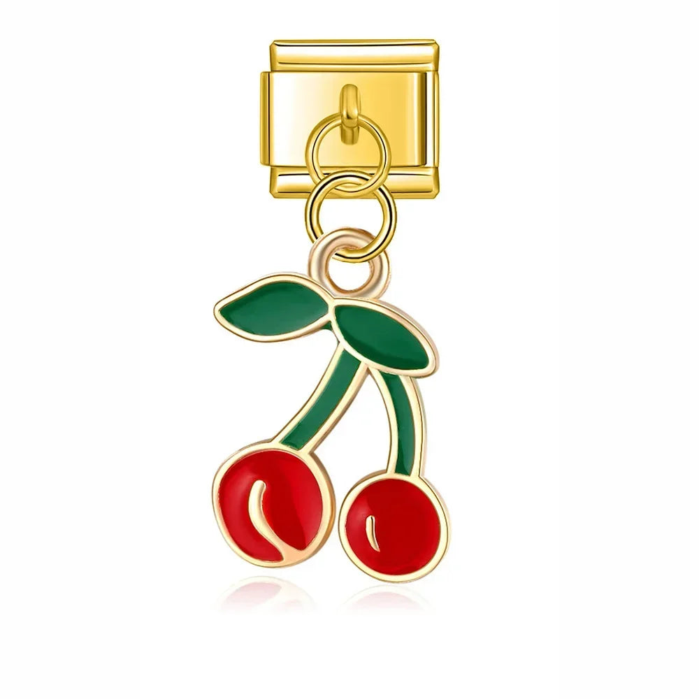 Christmas themed Tree Snowman Deer Santa Claus silver&gold – cherry dangle charm in gold, Italian charm bracelet charm by Charmtastic