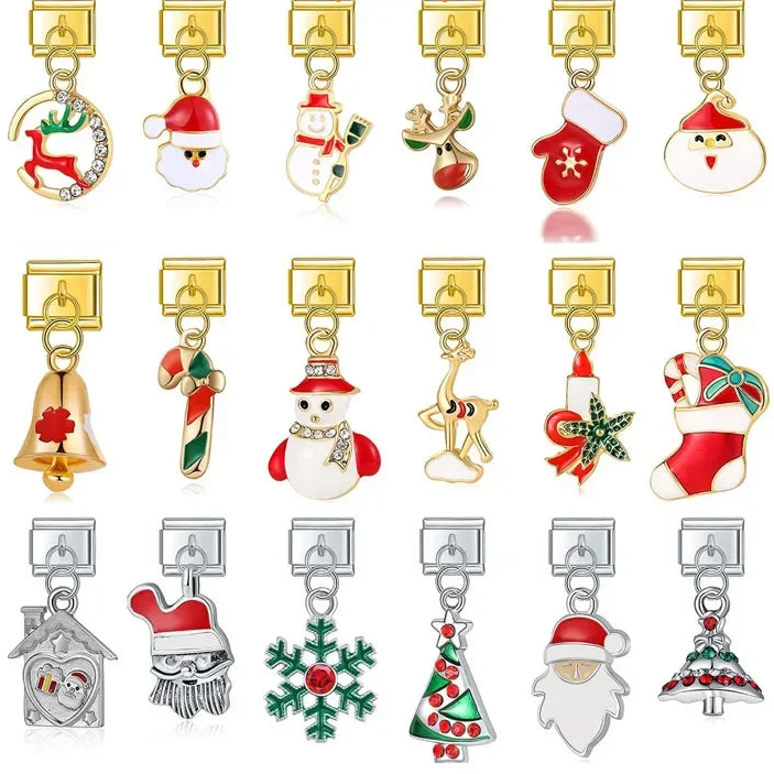 Christmas themed Tree Snowman Deer Santa Claus silver&gold – Santa, snowman, reindeer, Christmas tree, bell, candy cane, and stocking dangle charms in silver and gold, Italian charm bracelet charms by Charmtastic