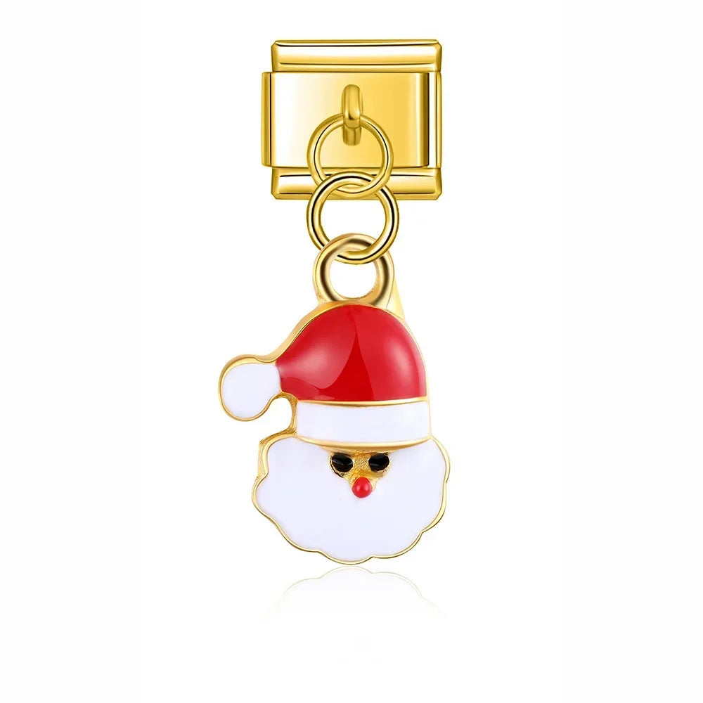 Christmas themed Tree Snowman Deer Santa Claus silver&gold – Santa Claus face dangle charm in gold, Italian charm bracelet charm by Charmtastic