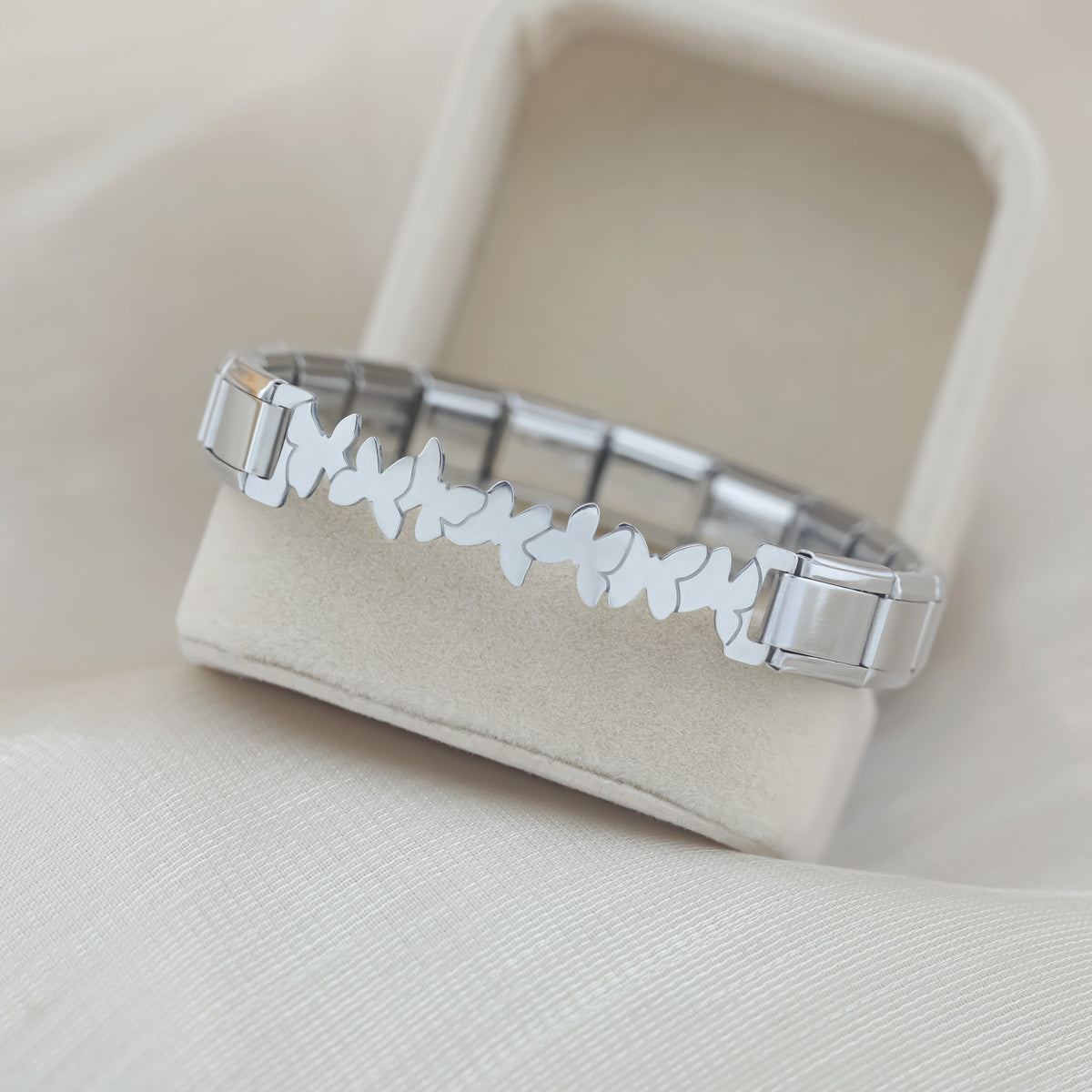 Classic Silver Centerpiece Italian Bracelet – butterfly cutout centerpiece Italian charm bracelet, by Charmtastic