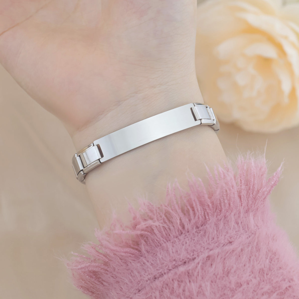 Classic Silver Centerpiece Italian Bracelet – plain silver centerpiece Italian charm bracelet worn on wrist, by Charmtastic