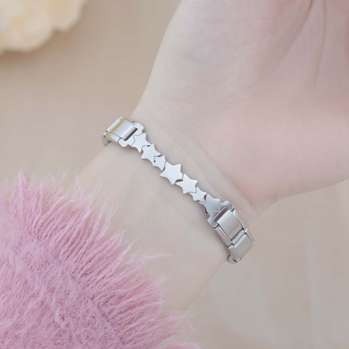 Classic Silver Centerpiece Italian Bracelet – star cutout centerpiece Italian charm bracelet worn on wrist, by Charmtastic