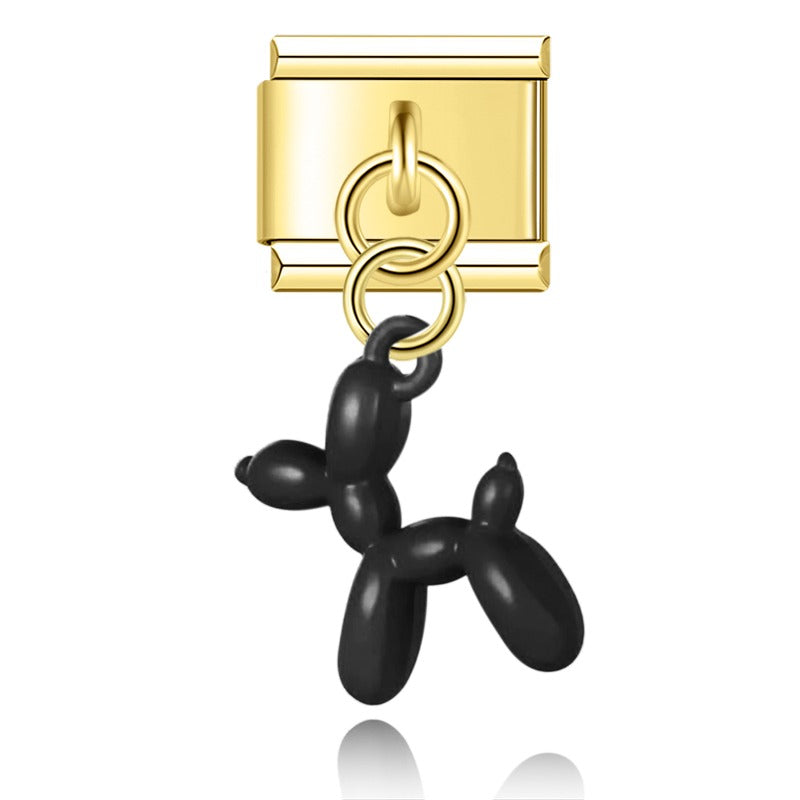 Colorful Balloon Dog Gold – gold balloon dog charm with black enamel finish, Italian charm bracelet charm by Charmtastic