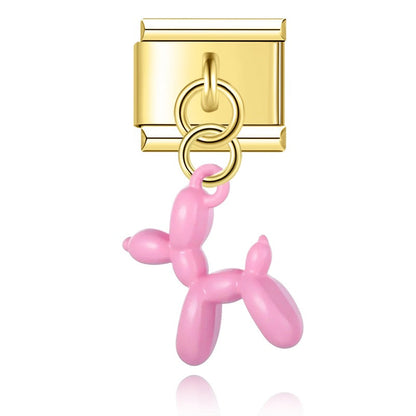 Colorful Balloon Dog Gold – gold balloon dog charm with pink enamel finish, Italian charm bracelet charm by Charmtastic