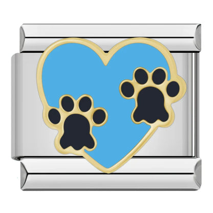 Colorful Charms: Flower, Round & Dog Paw – blue heart with two black dog paw prints enamel charm, Italian charm bracelet charm by Charmtastic