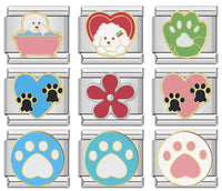 Dog Paw, Poodle & Flower Enamel Italian Charms — Paw Hearts, Poodle Bath & Red Daisy Links