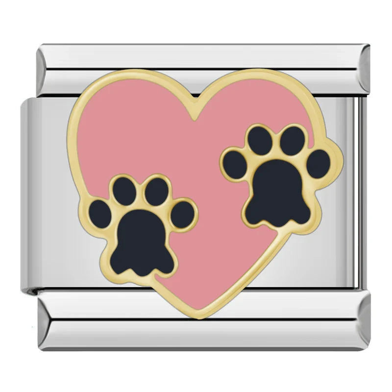 Colorful Charms: Flower, Round & Dog Paw – pink heart with two black dog paw prints enamel charm, Italian charm bracelet charm by Charmtastic
