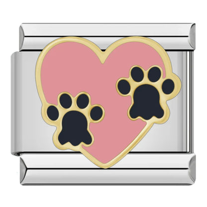 Colorful Charms: Flower, Round & Dog Paw – pink heart with two black dog paw prints enamel charm, Italian charm bracelet charm by Charmtastic