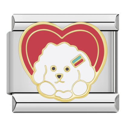 Colorful Charms: Flower, Round & Dog Paw – white poodle face in a red heart enamel charm, Italian charm bracelet charm by Charmtastic