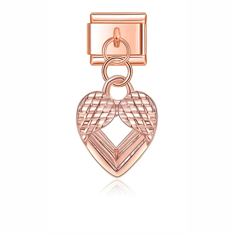 Rose gold angel wing heart dangle Italian charm, by Charmtastic