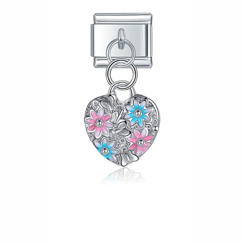 Pink floral heart dangle Italian charm, by Charmtastic