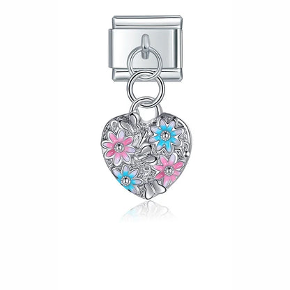 Pink floral heart dangle Italian charm, by Charmtastic
