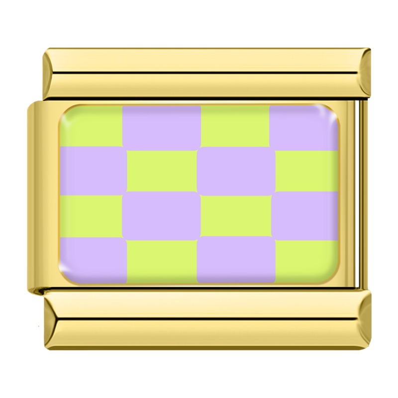 Colorful Checkerboard Pattern Italian Charms – lime green and lavender checkerboard pattern enamel charm in gold frame, Italian charm bracelet charm by Charmtastic