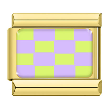 Colorful Checkerboard Pattern Italian Charms – lime green and lavender checkerboard pattern enamel charm in gold frame, Italian charm bracelet charm by Charmtastic