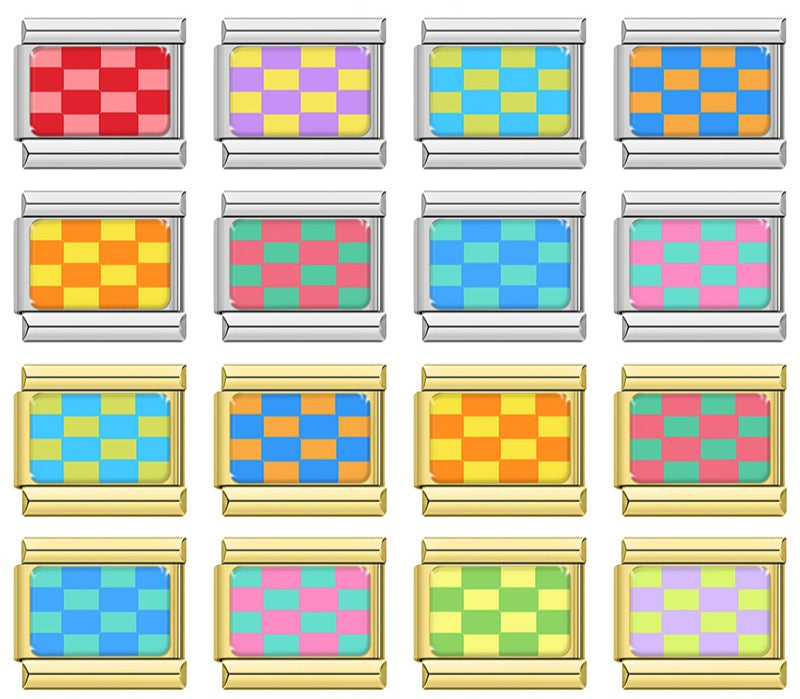 Colorful checkerboard Italian charms in silver and gold, by Charmtastic