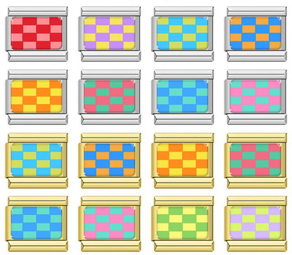 Colorful checkerboard Italian charms in silver and gold, by Charmtastic