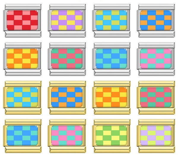 Colorful checkerboard Italian charms in silver and gold, by Charmtastic