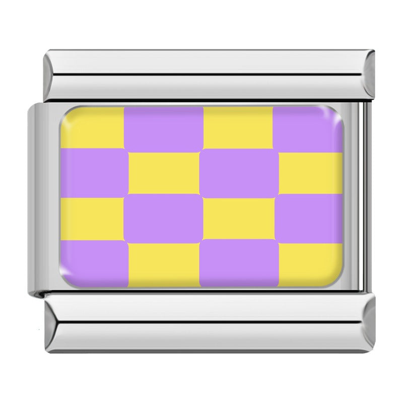 Colorful Checkerboard Pattern Italian Charms – purple and yellow checkerboard pattern enamel charm in silver frame, Italian charm bracelet charm by Charmtastic