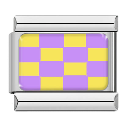 Colorful Checkerboard Pattern Italian Charms – purple and yellow checkerboard pattern enamel charm in silver frame, Italian charm bracelet charm by Charmtastic