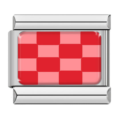 Red and pink checkerboard Italian charm, silver frame, by Charmtastic