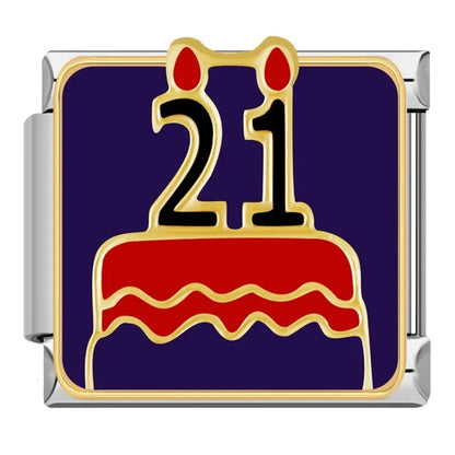Colorful Checkerboard Pattern Charms – 21st birthday cake with candles enamel charm on purple background, Italian charm bracelet charm by Charmtastic
