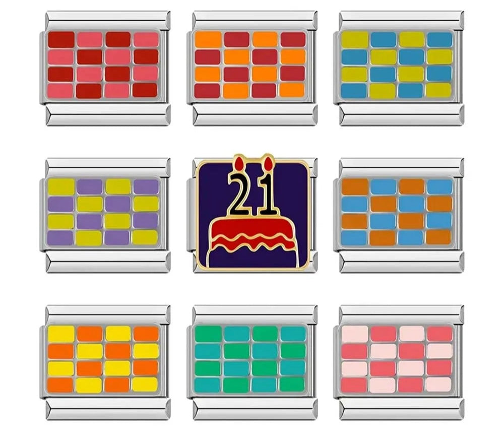 Colorful Checkerboard Pattern Charms – overview of checkerboard pattern enamel charms in red, orange, teal, yellow-blue and pink, plus a 21st birthday cake charm, Italian charm bracelet charms by Charmtastic