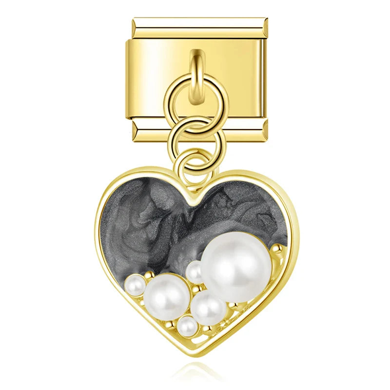 Black marble pearl heart dangle gold Italian charm, by Charmtastic