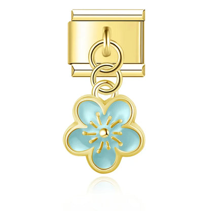 Teal flower dangle gold Italian charm, by Charmtastic