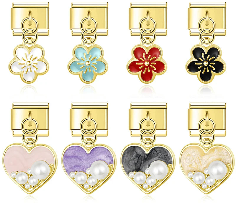 Flower and pearl heart dangle gold Italian charms, by Charmtastic