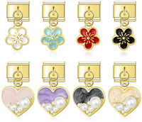 Flower & Pearl Heart Dangle Italian Charms (Gold)