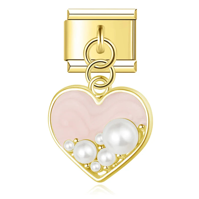 Pink pearl marble heart dangle gold Italian charm, by Charmtastic
