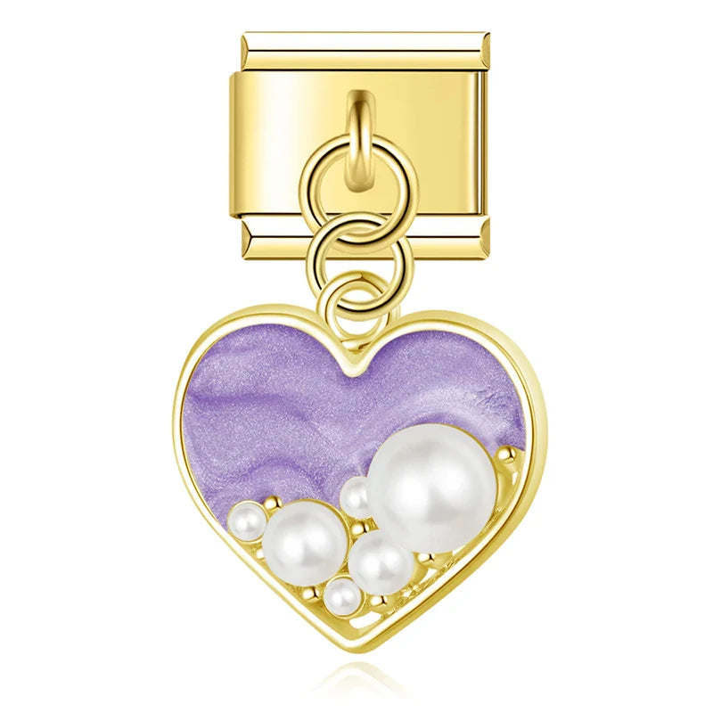 Purple pearl marble heart dangle gold Italian charm, by Charmtastic