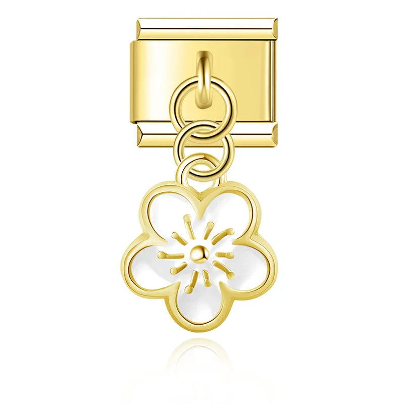 White flower dangle gold Italian charm, by Charmtastic
