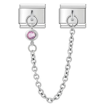 colorful gemstone chains charms – pink round CZ safety chain charm, Italian charm bracelet charm by Charmtastic
