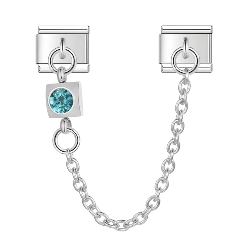colorful gemstone chains charms – teal blue round CZ safety chain charm, Italian charm bracelet charm by Charmtastic