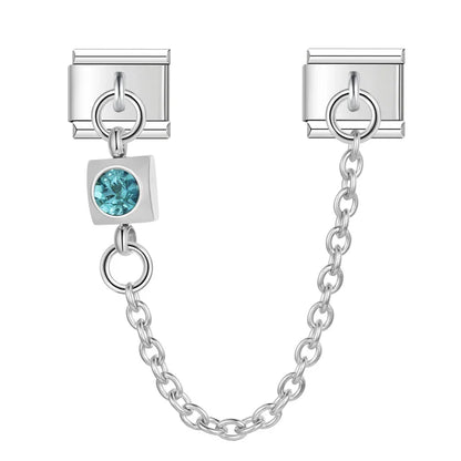 colorful gemstone chains charms – teal blue round CZ safety chain charm, Italian charm bracelet charm by Charmtastic