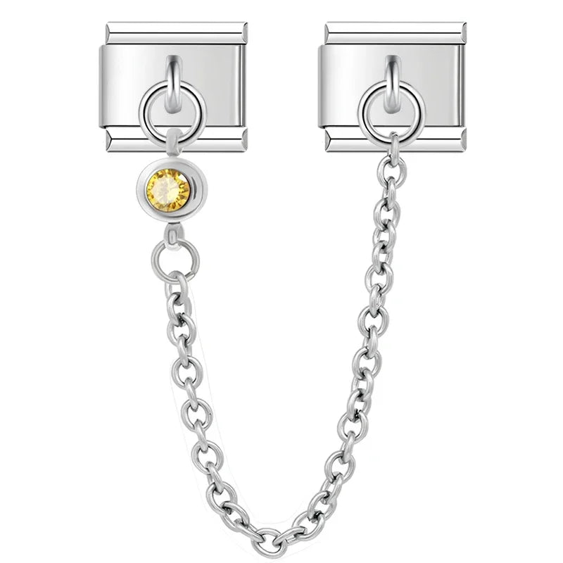colorful gemstone chains charms – yellow citrine round CZ safety chain charm, Italian charm bracelet charm by Charmtastic