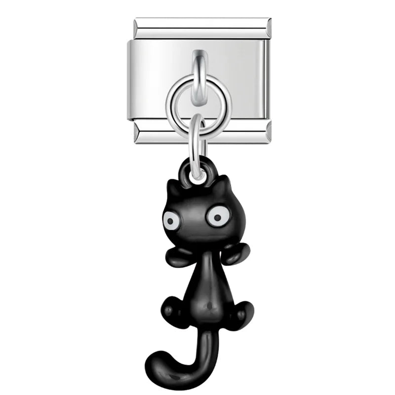 Colorful girly Animal Cat Bowknot charms – black sitting cat dangle charm, Italian charm bracelet charm by Charmtastic