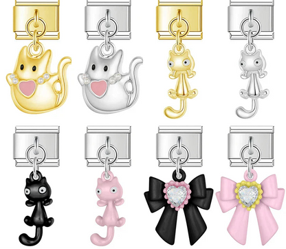 Colorful girly Animal Cat Bowknot charms – overview of cat and crystal bow dangle charm color options, Italian charm bracelet charms by Charmtastic