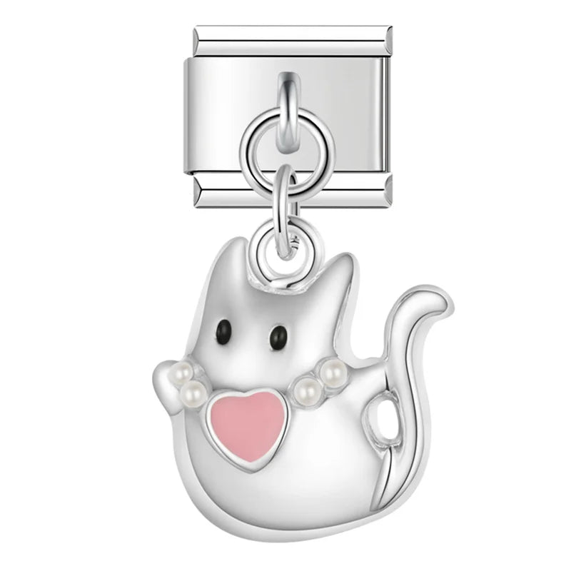 Colorful girly Animal Cat Bowknot charms – silver cat with pearl collar and heart dangle charm, Italian charm bracelet charm by Charmtastic