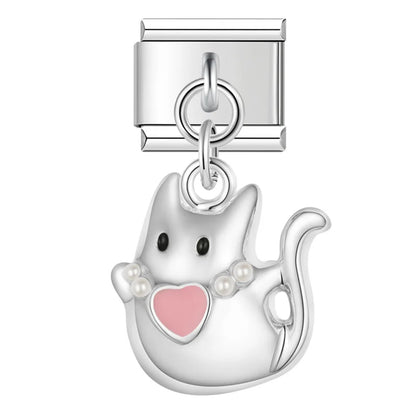 Colorful girly Animal Cat Bowknot charms – silver cat with pearl collar and heart dangle charm, Italian charm bracelet charm by Charmtastic