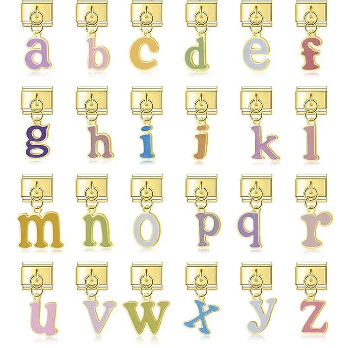 Colorful Golden Letters Charms – individual lowercase alphabet letter charms in pastel enamel colors with gold trim, Italian charm bracelet charms by Charmtastic